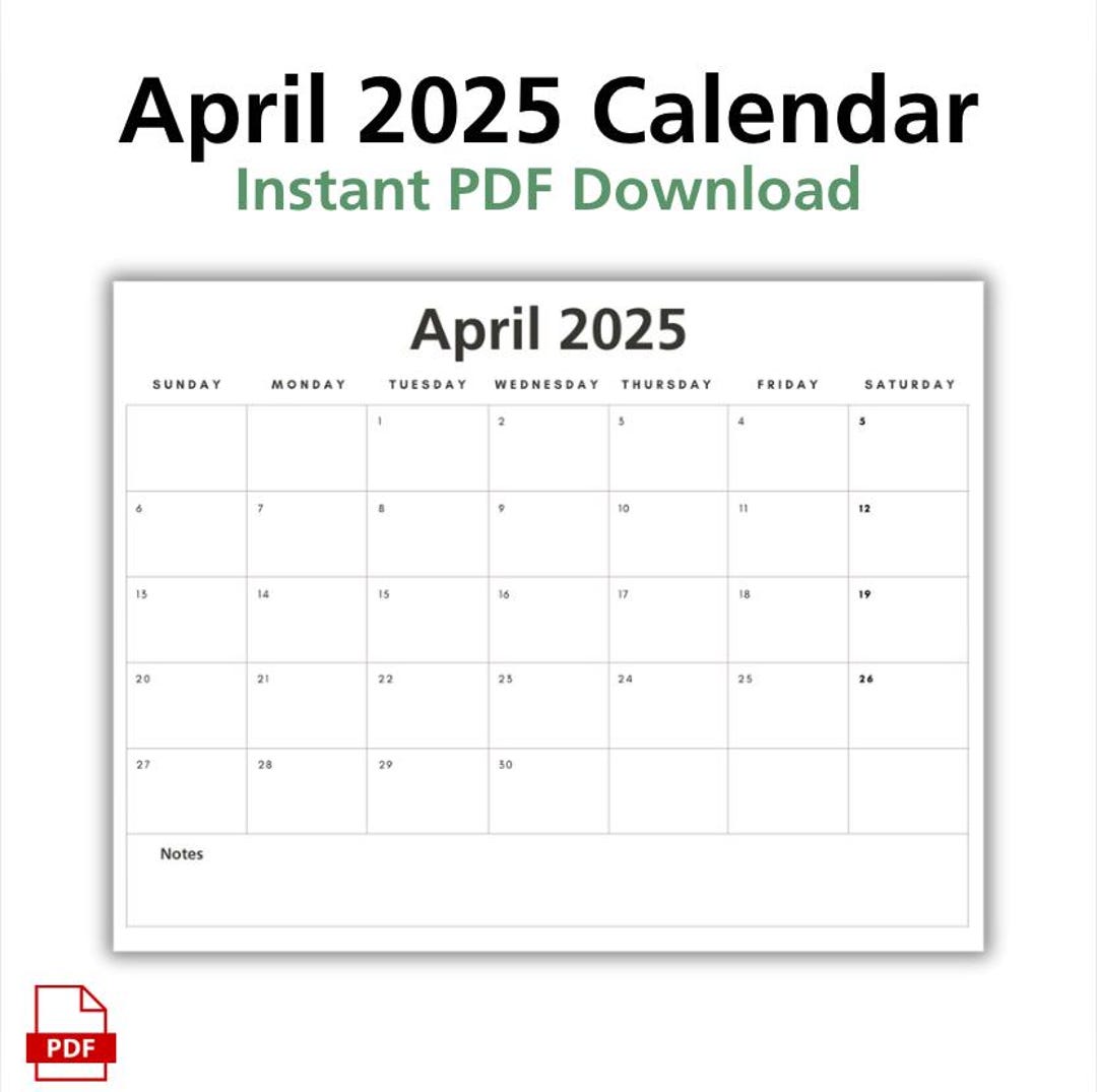 April 2025 Month Calendar Sheet, Printable Minimalist 2025 April