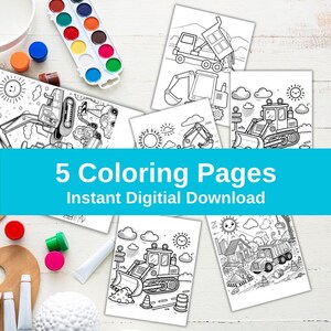 5 construction theme coloring pages, kids coloring page, construction worker coloring, heavy equipment coloring pages, digital download