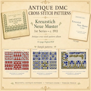 Puede incluir: Un PDF digital de 33 páginas con patrones de punto de cruz DMC antiguos de 1911, que incluye la portada original, la página de título y tres hojas de muestra con diseños florales en cuadrícula de colores rojo, azul y verde.