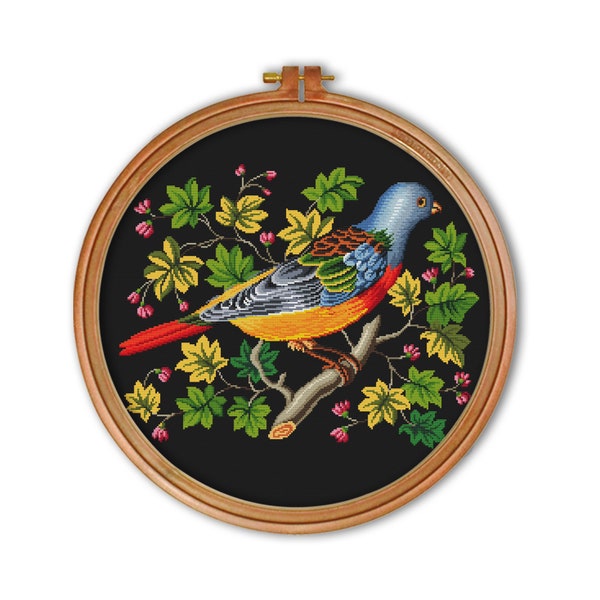 Vintage A bird on a tree branch with flowers#3 Cross Stitch Pattern, Bird Cross Stitch Pattern, Berlin Woolwork, Flowers , Modern Embroidery