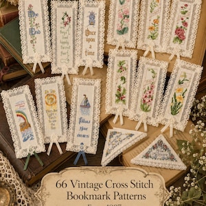 May include: A collection of rectangular and triangular fabric bookmarks featuring intricate cross-stitch floral, nautical, and text designs, all bordered with white lace trim and small ribbon accents, with a label reading 66 Vintage Cross Stitch Bookmark Patterns From 1997.