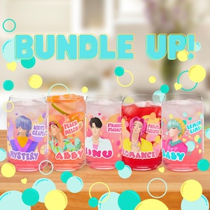 May include: Five clear glass tumblers with colorful illustrations and text. The glasses are filled with pink and orange beverages. Text on the glasses includes "Mystery", "Abby", "Inu", "Romance", and "Baby". The phrase "Bundle Up!" is at the top.