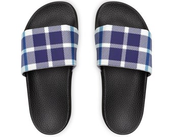 Men's PU Slide Sandals - Blue Plaid