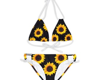 Strappy Bikini Set (AOP) - Black Sunflower