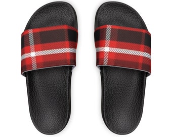 Men's PU Slide Sandals - Red Plaid