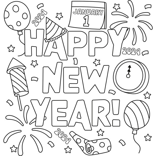 Happy New Year Coloring Pages, New Year Coloring Pages, Coloring Pages For Kids, Coloring Pages For Adults, 2024, Digital Files