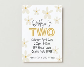 May include: A white invitation card with a floral design. The text on the card reads "Daffyn is TWO" in black and gold lettering. The invitation details a birthday party on Saturday, April 22nd from 2:00pm to 4:00pm at 555 House Lane, Seattle, WA 55555. The RSVP number is (555) 555-5555.