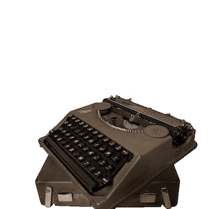 May include: A vintage typewriter with a black keyboard and a gray metal body. The typewriter is closed and sitting on its carrying case.