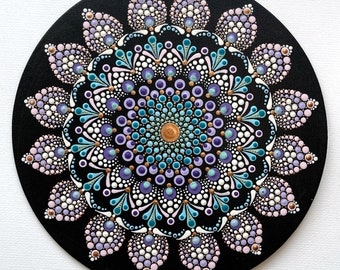 Mandala, handgemalt, Dot Painting, schwarz, türkis, lila, violett, weiss, kupfer,  rosa, abstrakt floral