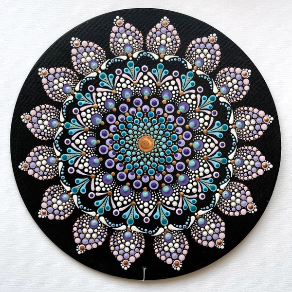 Mandala, handgemalt, Dot Painting, schwarz, türkis, lila, violett, weiss, kupfer,  rosa, abstrakt floral