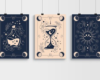 Set of 3,Celestial Cards Set Poster Prints.Special Posters for Tarot Lovers.Magical Carts Posters.Office Gifts.Living Room Wall Art.