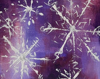 Lila Schneeflocken Gemälde: Abstrakte Kunst Winterlandschaft, 13x12cm Tisch oder Wand als Akzent