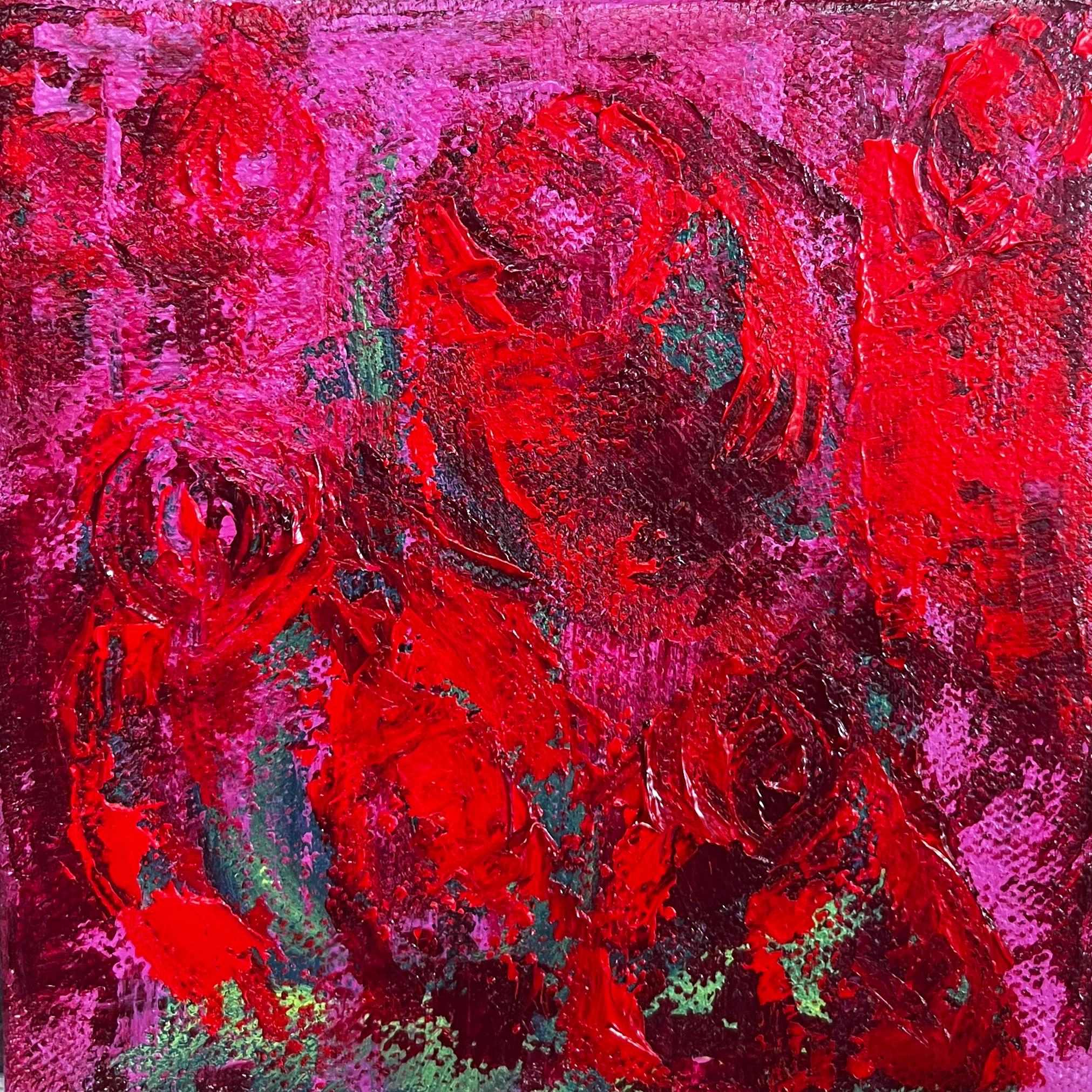 抽象的なバラの絵画：オリジナルの花のアート、5x5インチのテーブル