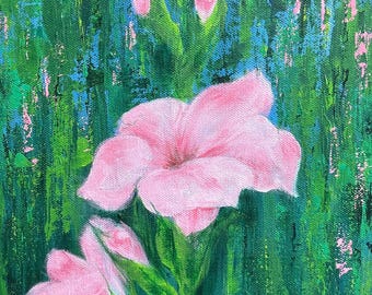 Gladiole Original kleines Acrylgemälde: August Geburtsmonat Blume in rosa, 27cm hoch, 20cm breit, 4cm d