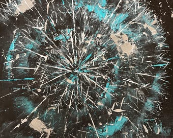 Dandelion Night Painting: Abstrakte Acrylmalerei, 1,5 cm Quadrat, schwarz-türkis silber