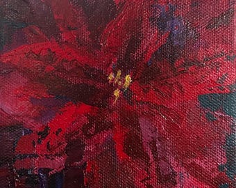 Red Abstract Poinsettia 2 Painting: Small Floral Christmas Decor (5" square)