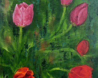 Tulpen 1 Gemälde: Bunte Blumenkunst, Original Frühlingsstrauß (30x30x3,5cm)