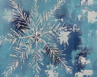 Blaue Schneeflocke: Original Winterbild (12x12x1,5)