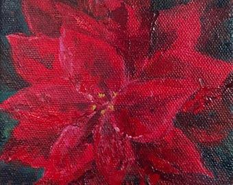 Red Poinsettia 1 Floral Painting: Small Christmas Decor, 5x5"
