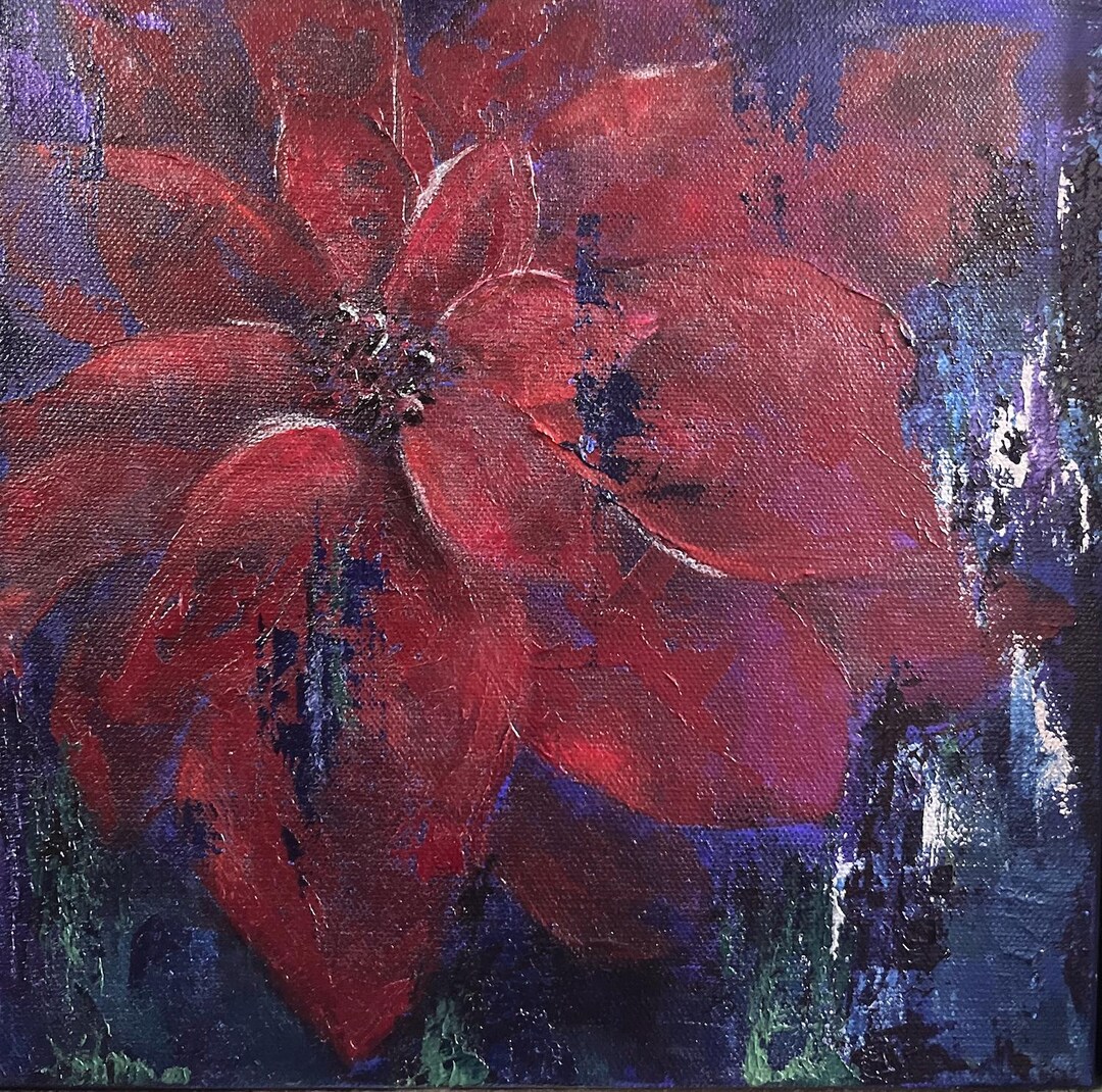 油絵 絵画 【赤いポインセチア】 赤いポインセチアの絵画：キャンバスに描かれたオリジナルの花のアート