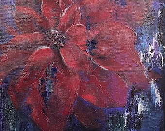 Roter Weihnachtsstern Gemälde: Originale Blumenkunst, Blau & Silber auf Leinwand