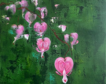 Bleeding Hearts 2 Gemälde: Abstrakte Kunst, Rosa & Grüne Leinwand (30x30x3,5cm)