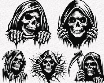 Grim Reaper Peeking Skull SVG: Cracked Wall Silhouette Clipart (Digital Files)