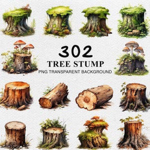 Tree Stump Watercolor Clipart Bundle: Mossy Tree Trunk PNG (Digital Download)