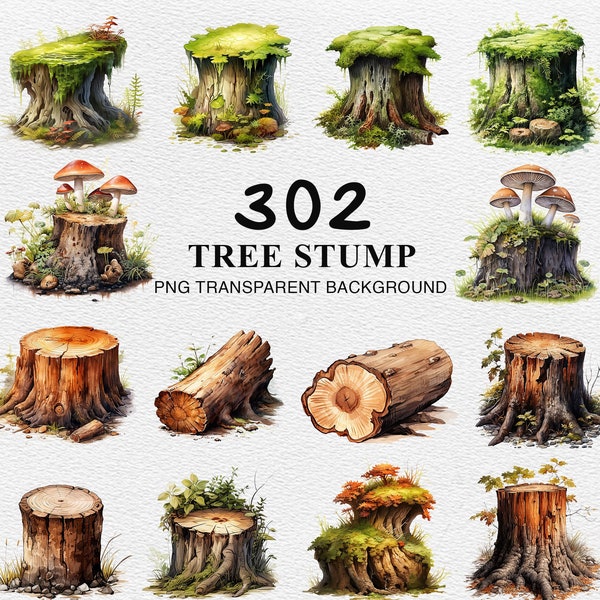 Souche d'arbre aquarelle, tronc d'arbre 302 aquarelle, Clipart Bundle de souche d'arbre, souche d'arbre artisanat journalisation Scrapbooking téléchargement numérique