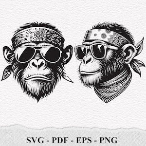 Könnte beinhalten: Zwei Schwarzweißillustrationen von Affen, die Sonnenbrillen und Bandanas tragen. Die Affen haben einen ernsten Gesichtsausdruck.