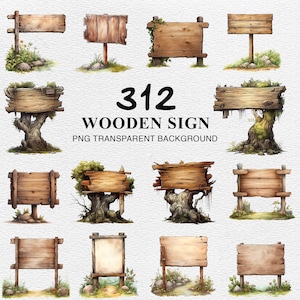 Puede incluir: Una colección de 12 letreros de madera estilo acuarela en varias formas y tamaños. Los letreros son marrones y beige, algunos con texturas desgastadas y follaje. La imagen incluye el texto "312 WOODEN SIGN PNG TRANSPARENT BACKGROUND."