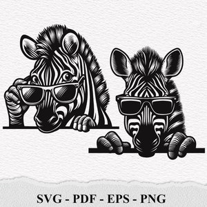 Op de afbeelding: Twee zwart-witte zebra-illustraties met zonnebrillen. De zebra's kijken naar de kijker. De zebra's kijken over een oppervlak.