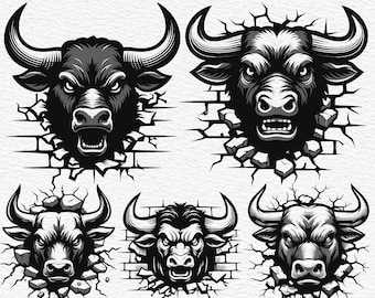Angry Bull Head SVG Bundle: Cracked Wall Clipart (Digital Files)