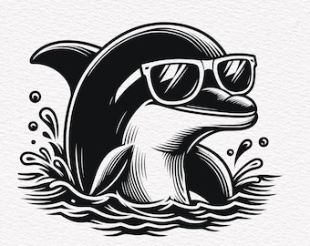 Delphin SVG, Delphin mit Sonnenbrille, süßer lustiger Delphin, Delphin Ozean Szene SVG, Delphin Silhouette SVG PNG Clipart Schnittdateien