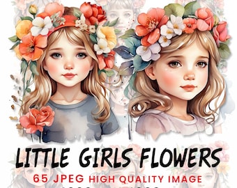 Floral Little Girls Clipart: 65 Watercolor JPEG Images (Digital Download)