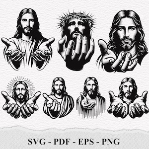 Peut inclure: Un ensemble d'illustrations en noir et blanc de Jésus-Christ avec les mains tendues. Les illustrations présentent différentes poses et expressions, y compris une couronne d'épines.