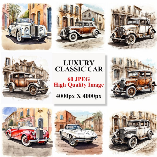 60 Luxury Classic Car Clipart, Classic Car, Old Car, Old Classic Cart Printable Wall Art, Old Classic Car Watercolor