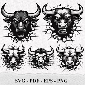 Angry Bull Head SVG Bundle: Cracked Wall Clipart (Digital Files)