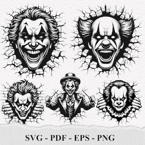 Op de afbeelding: Vier zwart-wit illustraties van clowns die door muren breken. De clowns hebben overdreven kenmerken, waaronder grote glimlachen en grote ogen. De illustraties zijn in vintage stijl.