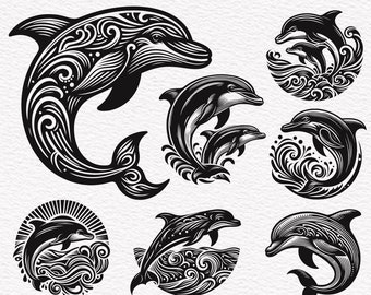 Delphin SVG, Delphin Bundle SVG, Delphin Ozean Szene SVG, Delphin Silhouette SVG PNG Clipart Schnittdateien
