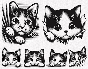 Peeking Cute Cat SVG, Peeking Kitten SVG, Cute Kitten Cats , Cats Head Silhouette SVG Clipart Cut Files