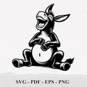 May include: A black and white illustration of a donkey laughing with its mouth wide open and its hands on its belly.