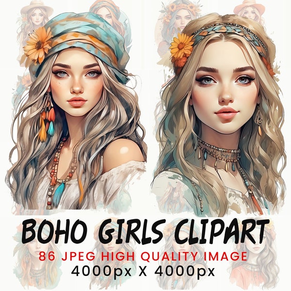 Boho Girls Clipart, Bohemian Girls, Boho Girls Printable Wall Art, Boho Girls Illustration, Beauty Girls, Boho Girls Watercolor