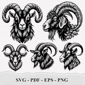ヤギ SVG、ヤギの頭 SVG、ヤギの束 SVG、ヤギの顔のシルエット SVG PNG クリップアート カット ファイル
