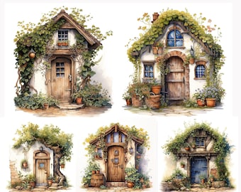 Clipart de acuarela de puertas de cabaña con flores: Manualidades y álbumes de recortes (Descarga digital)