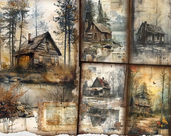 Old Forest Houses Junk Journal Pages, Log Houses Journal, Forest Houses, Houses Clipart, Wooden Log Cabin,  Digital Papers Scrapbook