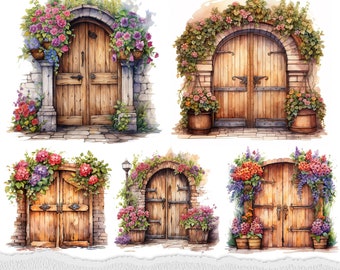 Blumen Türen Aquarell Clipart: Cottage Garten Scrapbook (digitaler Download)