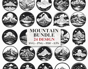 Pakiet Mountain Design SVG: Las, Wschód słońca, Księżyc (Pliki cyfrowe)