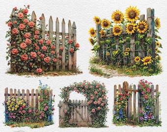 Blumenzaun Clipart: Rustikale Wildblumen PNG Bundle (Digital Download)