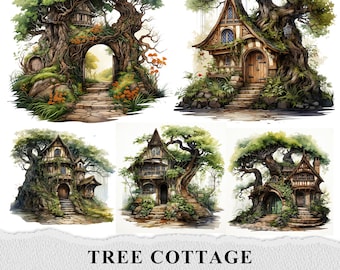 Clipart de cabaña en el árbol en acuarela: Paquete de recortes de bosque (descarga digital)